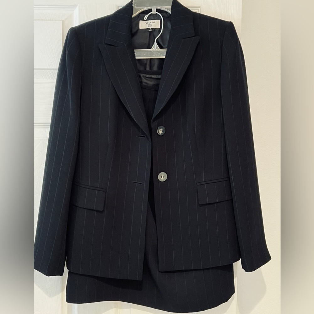 Stresa Pinstripe Skirt Suit Size 8 Black Career Office Business Suit